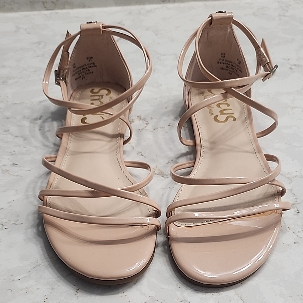Size 7M  Patent Strappy Ankle Wrap Sandals in Blush Nude